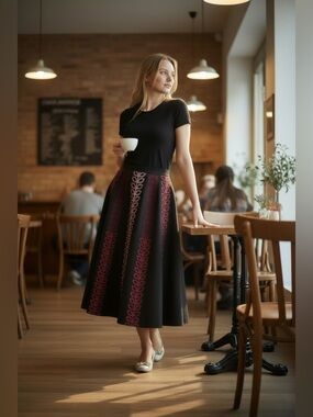 SUNNY LEIGH Black Skirt, Boho Flared Midi, shades of pink Embroidery, Size 8